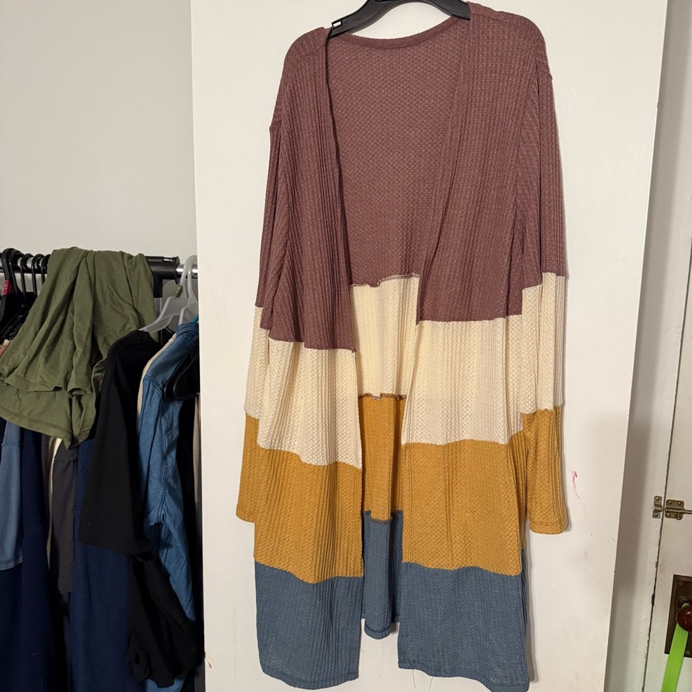 NWOT- Long sweater size 2xl striped mauve, mustard, blue and cream